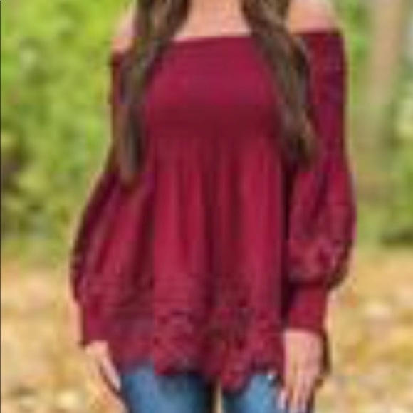 Off Shoulder Wine Smock Top - Picture 2 of 8